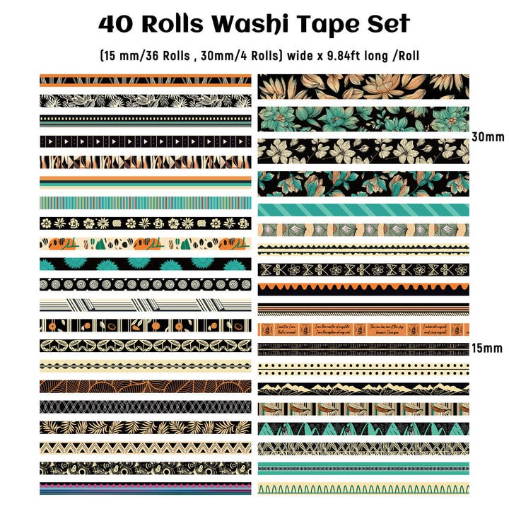 40 Rolls Vintage Floral Emerald Washi Tape Set - IEEBEE