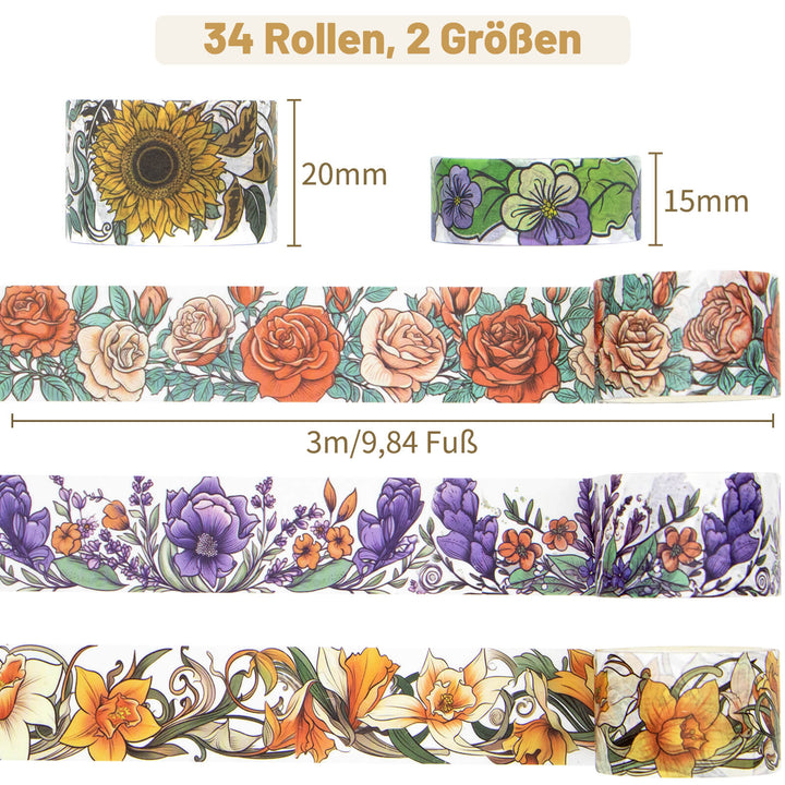 34 Rolls Modern Flower Washi Tape Set - IEEBEE