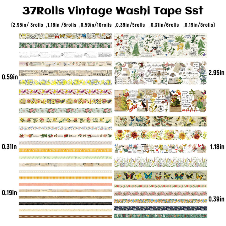 37 Rolls Vintage-Themed Aesthetic Washi Tape Set - IEEBEE