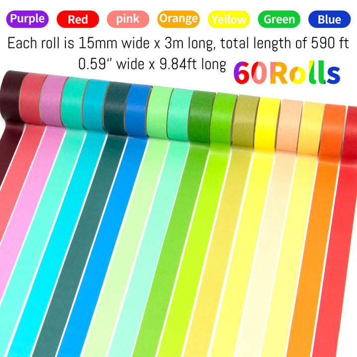 15mm Wide 60 Rolls Rainbow Colored Washi Tape Set - IEEBEE